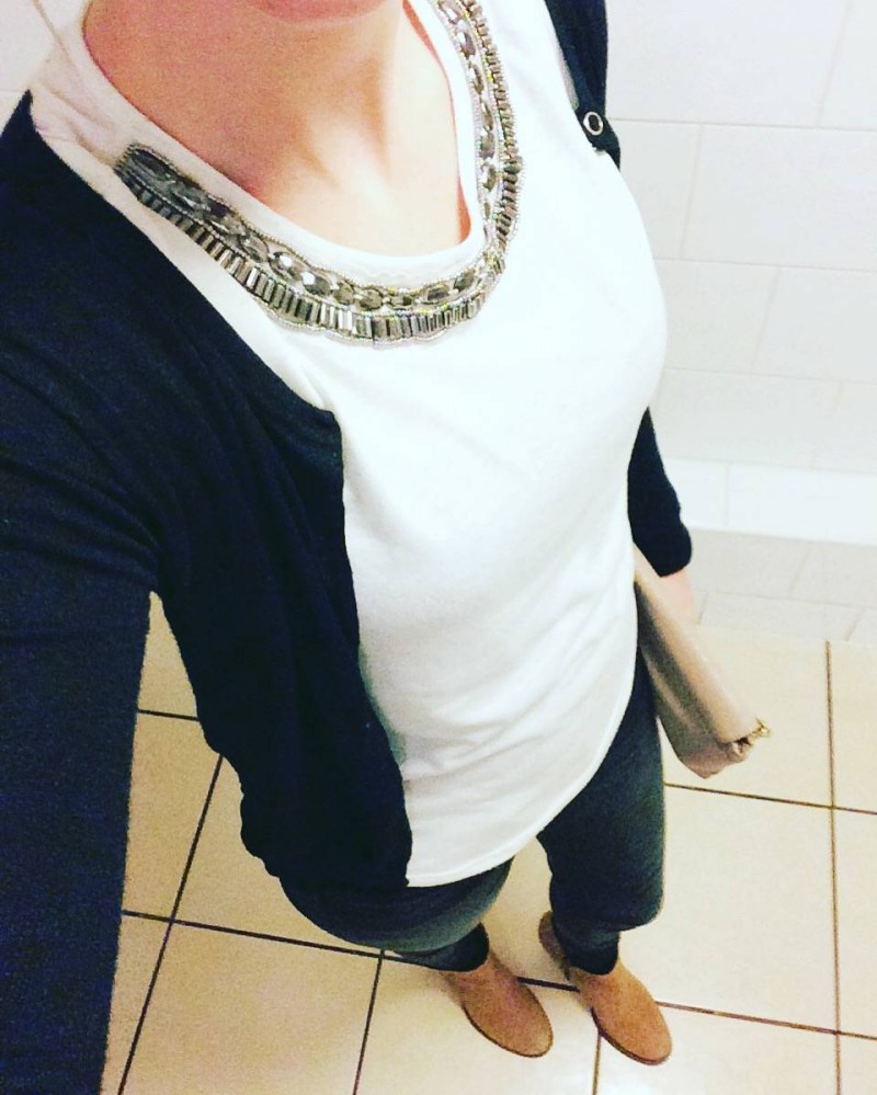 House of Fraser jean challenge. Grey jeans with an embellished cream top, black cardigan and tan high heel boots. 